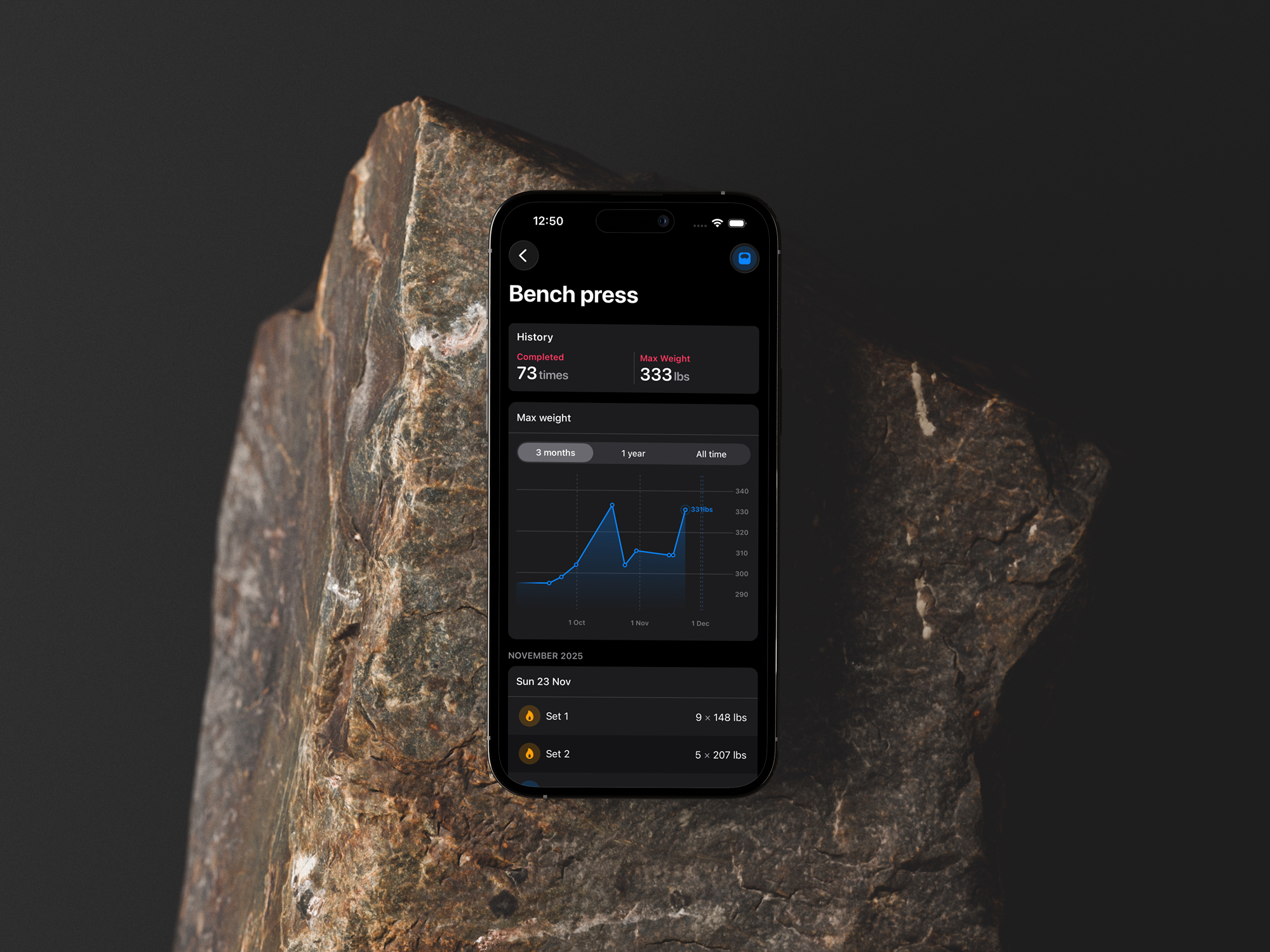 Detailed exercise history showing strength training progression over time